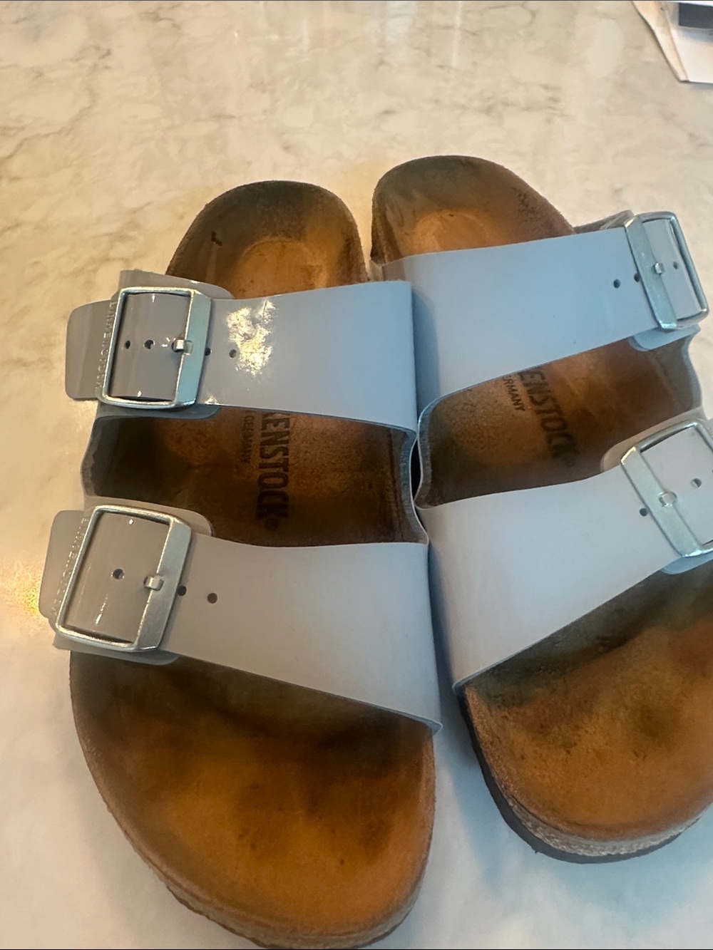 Birkenstock women’s grey Blue Double Buckle Arizona Sandals